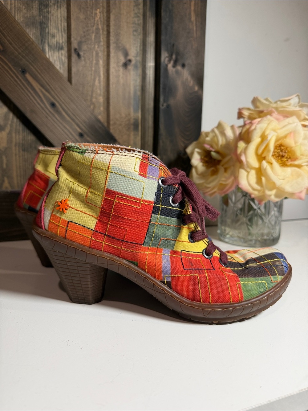 Women's Multicolor Patchwork Lace-Up Ankle Heels - Multi